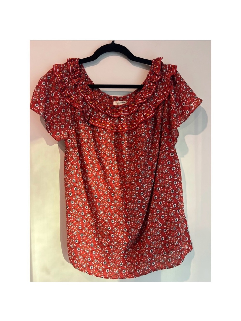 Max Studio Red Floral Ruffle-Yoke Blouse